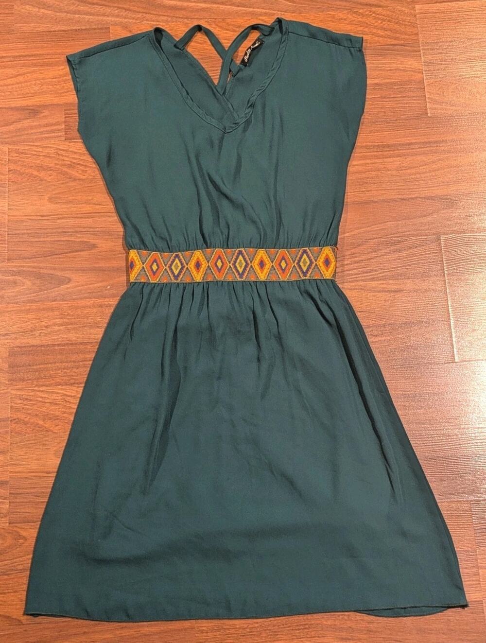 Funky Soul Women’s Small Teal Boho Dress Geometric Waist Made in USA